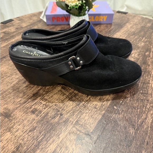 Cole Haan Black Suede Mules with Silver Buckle - Picture 1 of 9
